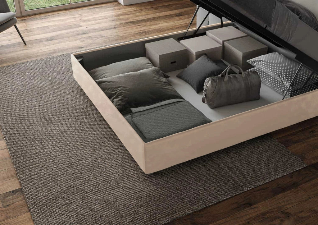 BS COM Letto queen size contenitore imbottito 150x200 microfibra sabbia Large
