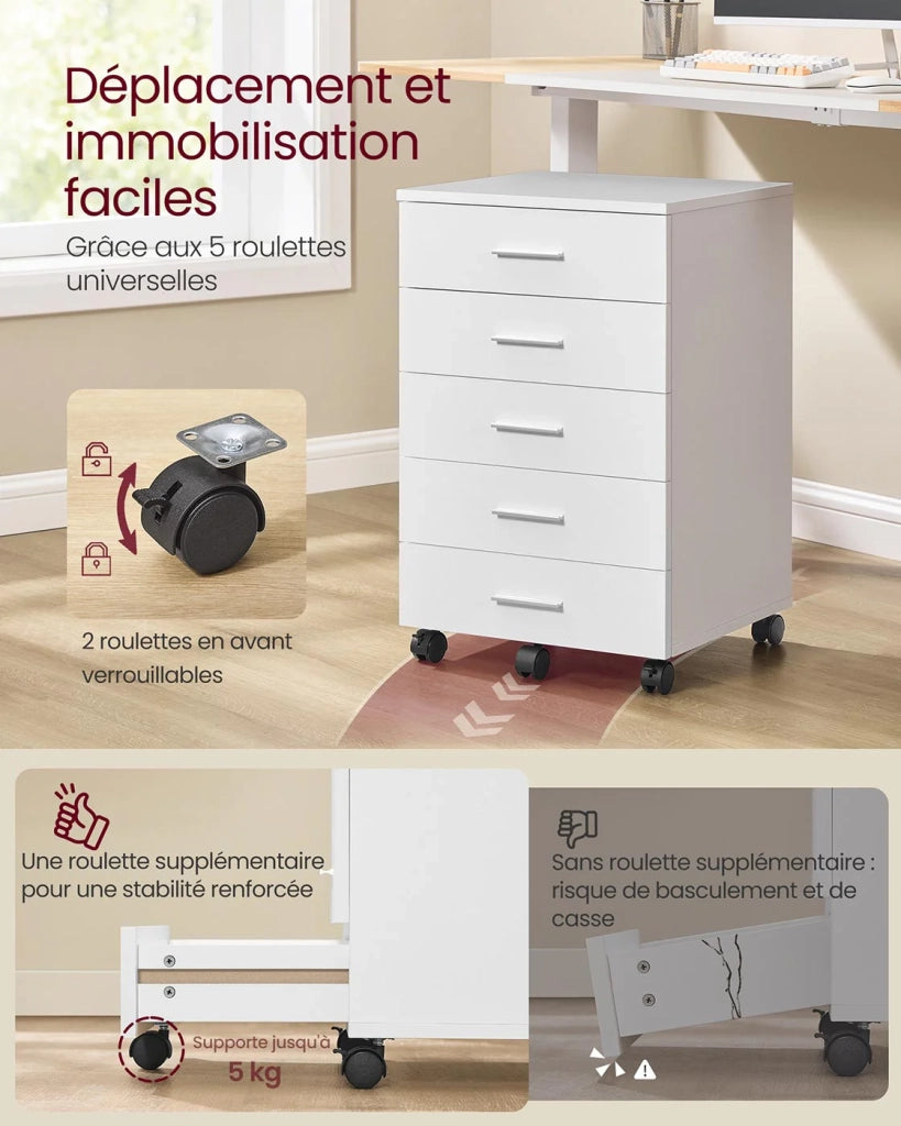 Cassettiera per ufficio su ruote unità di archiviazione 40 x 42 x 65,7 cm supporto per stampante con 5 cassetti guide scorrevoli per ufficio domestico bianco 12_0004809