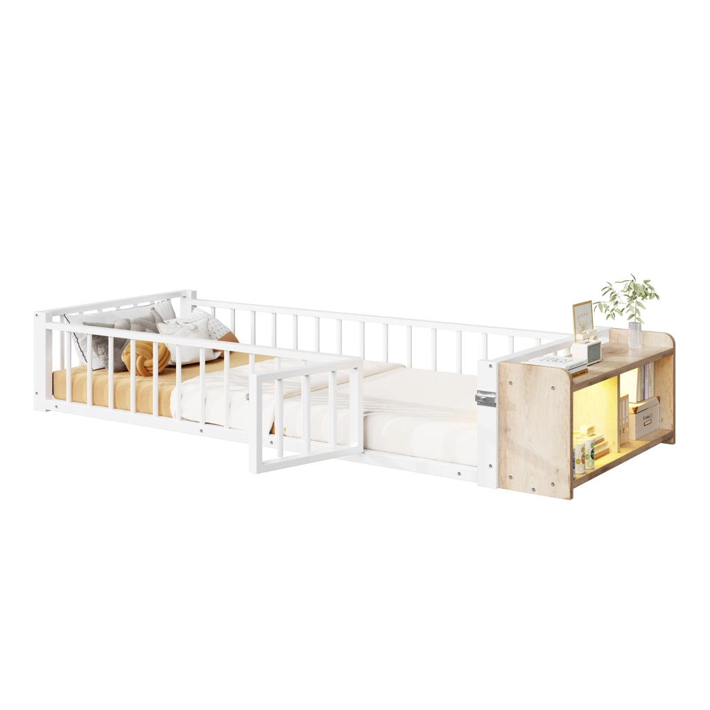 OKWISH Letto per Bambini 90 x 200 cm con Sponda, Vano Aperto e LED, senza Materasso, Metallo e MDF, Bianco