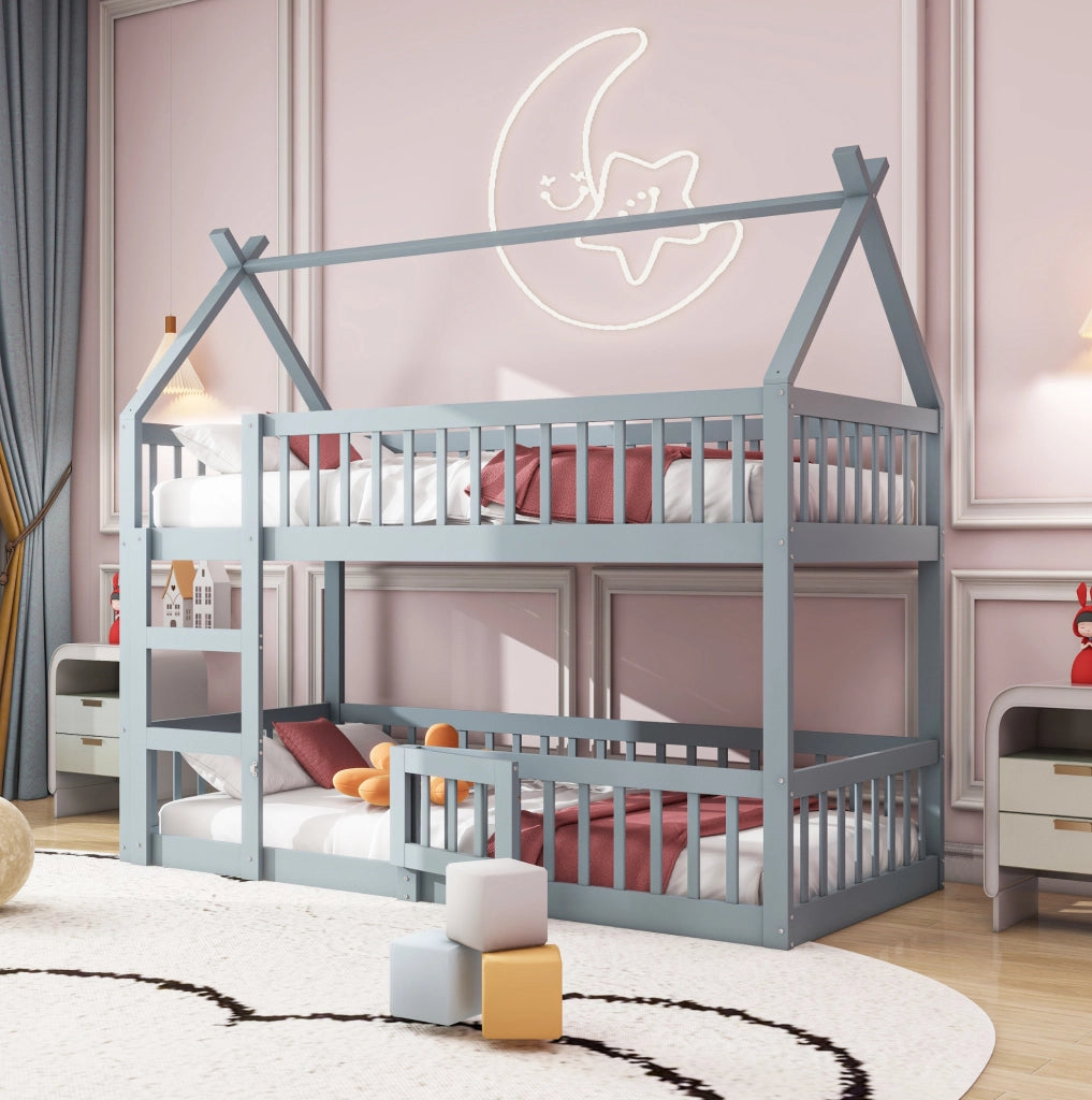 Letto a castello per bambini 90x200 cm con scala; design alto e basso; grigio