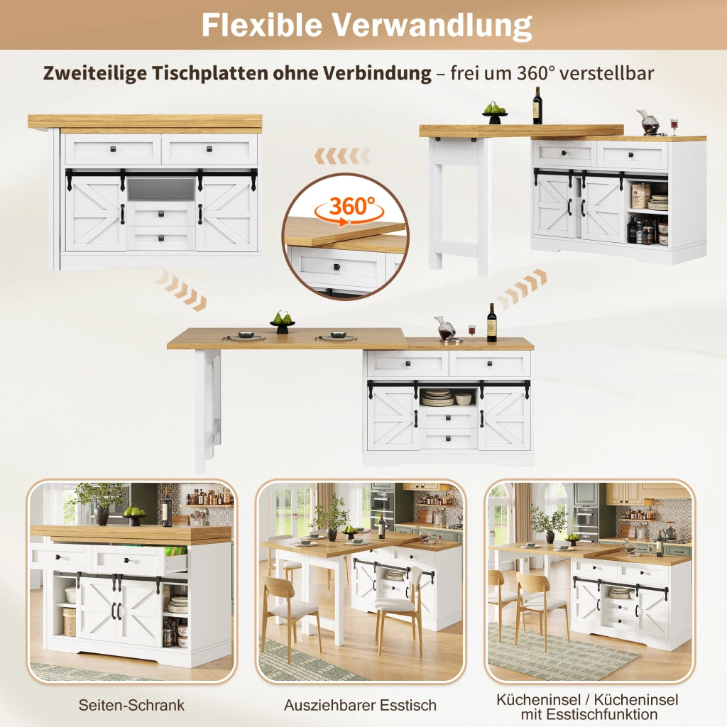 Tavolo da pranzo con mobile laterale e piano girevole 360 per cucina e sala da pranzo in MDF bianco 120 × 40 × 72 cm