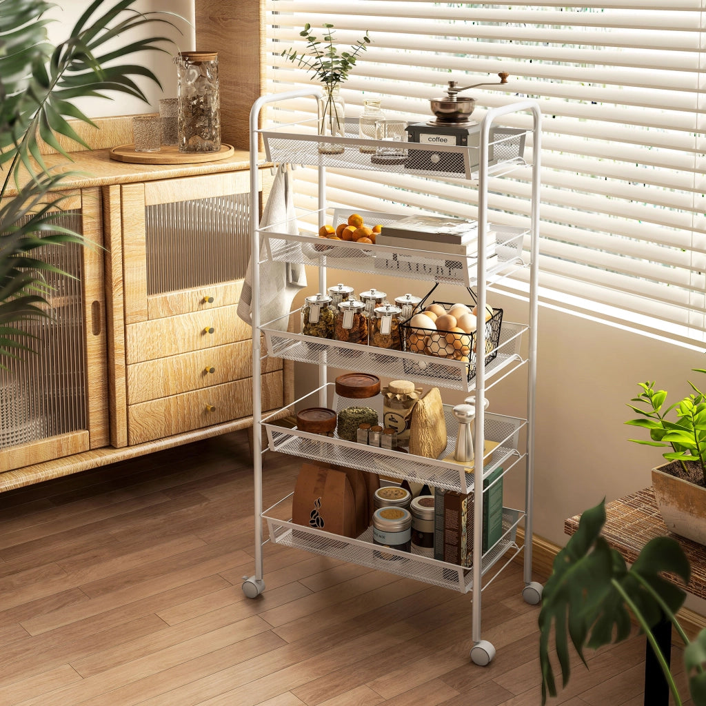 Carrello multiuso a 5 ripiani ¨C Xylo ¨C con cestelli rimovibili e 4 ganci, bianco, 45x26.5x106cm
