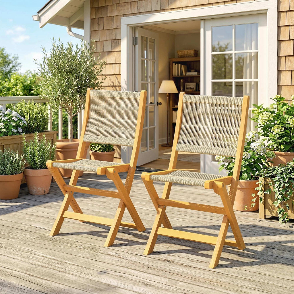 Set 2 Sedie Pieghevoli da Giardino ¨C Xylo ¨C Rattan PE e Legno Acacia Beige 160kg