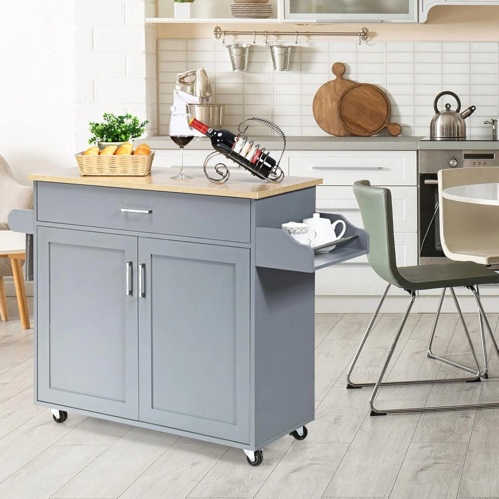 Carrello da Cucina con Ruote di Gomma, Scaffale per Microonde Carrello Servizio, Mobile Cucina con Ripiani e Ante, Credenza Cucina Legno Moderno Elegante, 116 x 37 x 85 cm (Grigio)