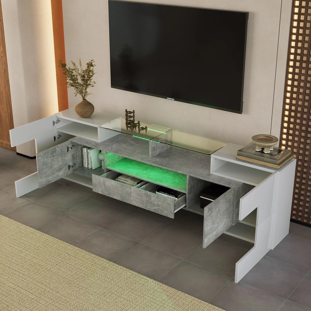 Mobile TV Lowboard Bianco Lucido con LED ¨C Xylo ¨C 200 cm, Vetro, Soggiorno