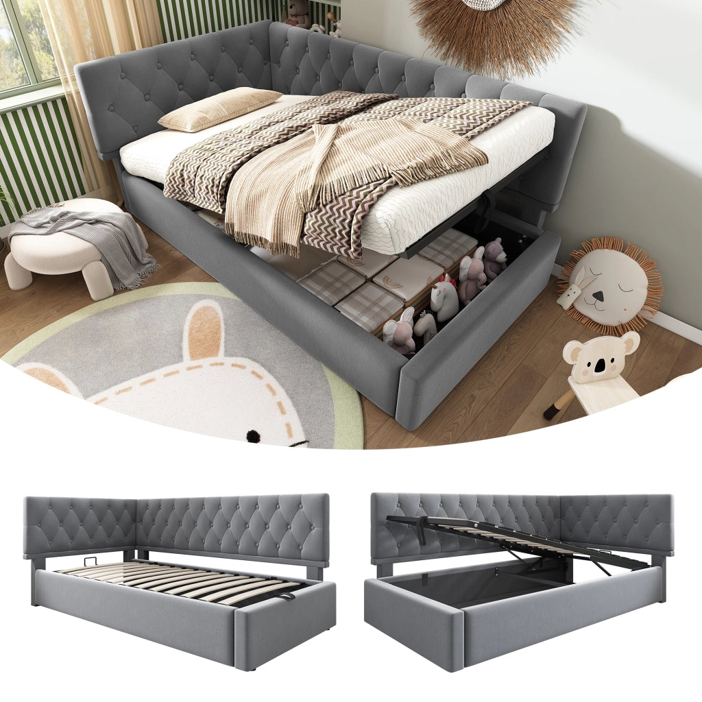 DESMIU Divano letto 90 × 190 cm 1 posto con contenitore idraulico e testiera reversibile, senza materasso, in velluto, grigio