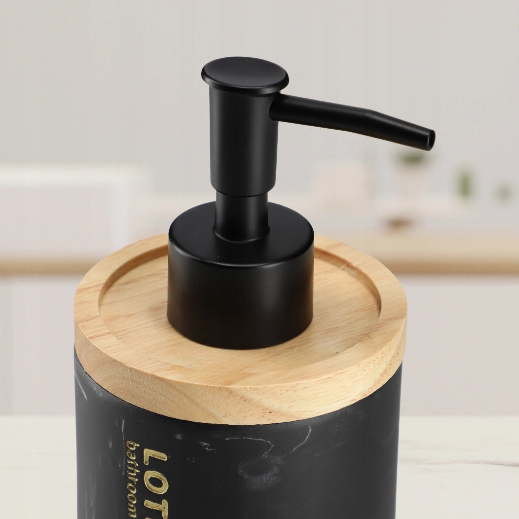 Dispenser di sapone liquido e gel KADAX da 250 ml, finitura effetto marmo nero.