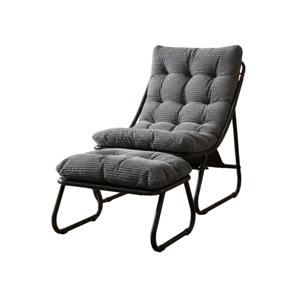 Sedia lounge da esterno con ottomano, telaio nero e cuscino grigio