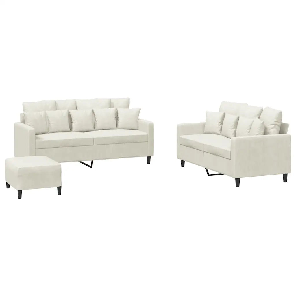 Set di Divani 3 pz con Cuscini Crema in Velluto