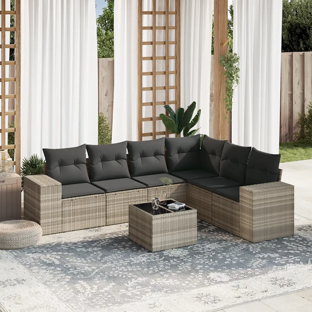 Set Divani da Giardino 7pz con Cuscini Grigio Chiaro Polyrattan