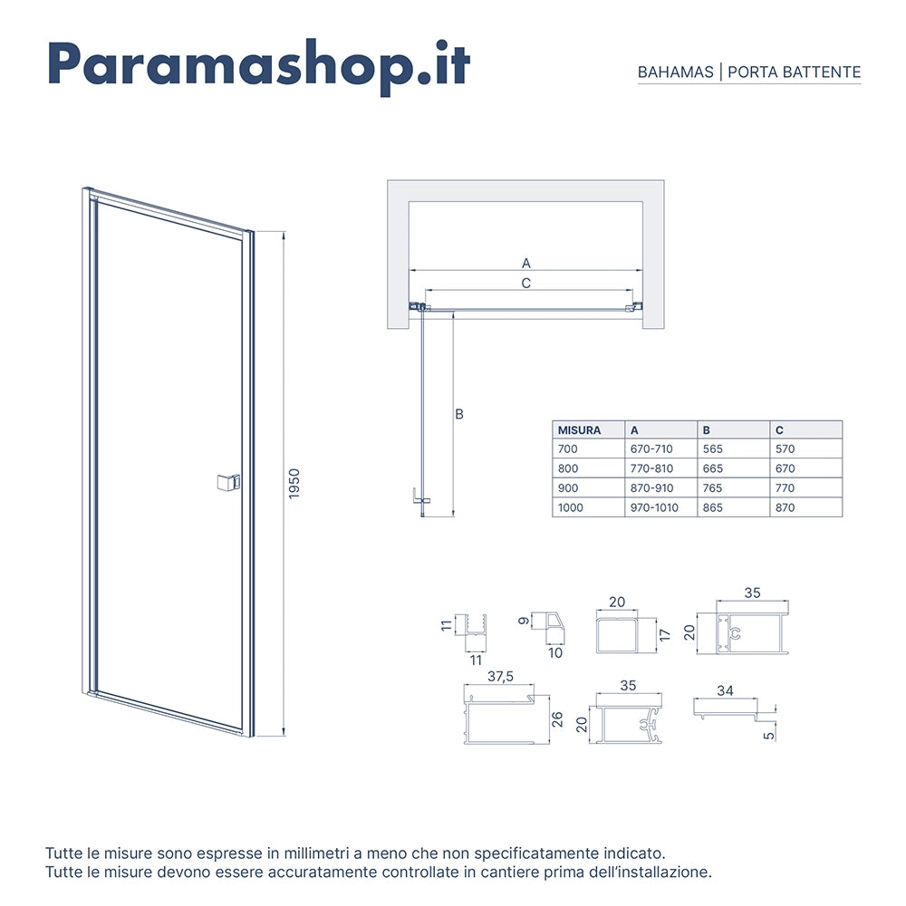 Porta doccia 90cm apertura a battente con profili nero opaco e vetro da 8mm trasparente h195 | Bahamas