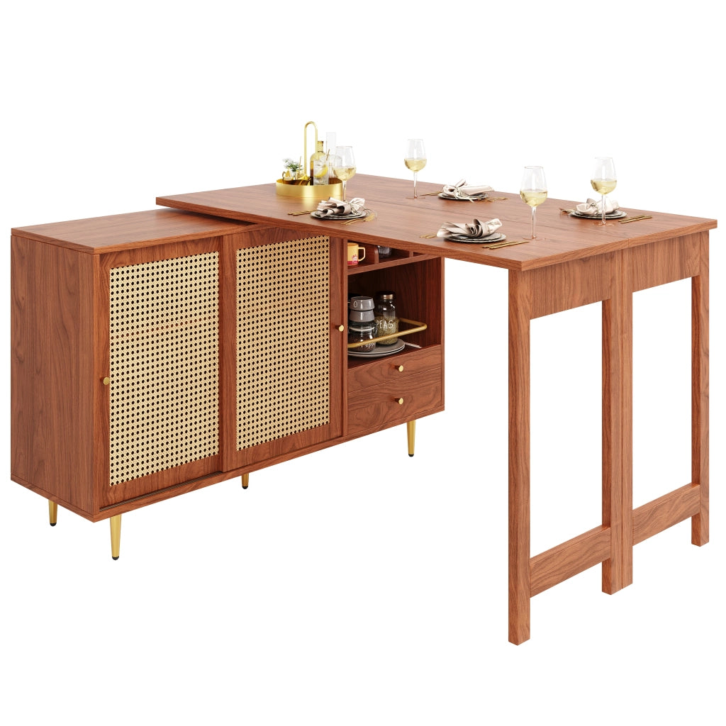 Tavolo Bar Girevole 360¡ã con Anta in Rattan e Ripiano ¨C MINIMAL ¨C Legno Marrone 107x40x71