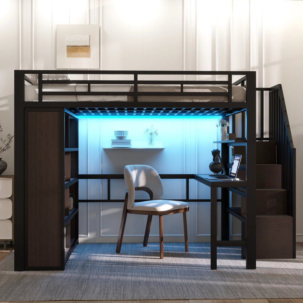 OKWISH Letto a soppalco 140×200 cm, Letto Matrimoniale con Scrivania, Mensole, LED Regolabile e Scale con Contenitore, senza Materasso, Nero