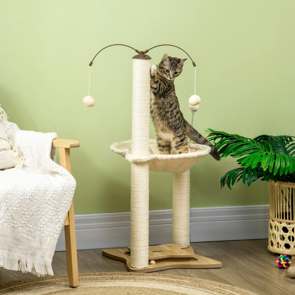 Tiragraffi per Gatti con Amaca, Palline e Pali in Sisal ¨C Minimal ¨C Beige, 53.5x53.5x90 cm
