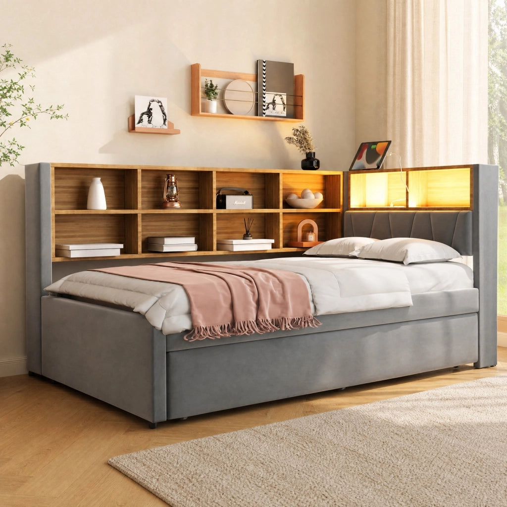 Divano letto multifunzione con letto estraibile 90x200 cm; LED; USB; Type-C; grigio scuro