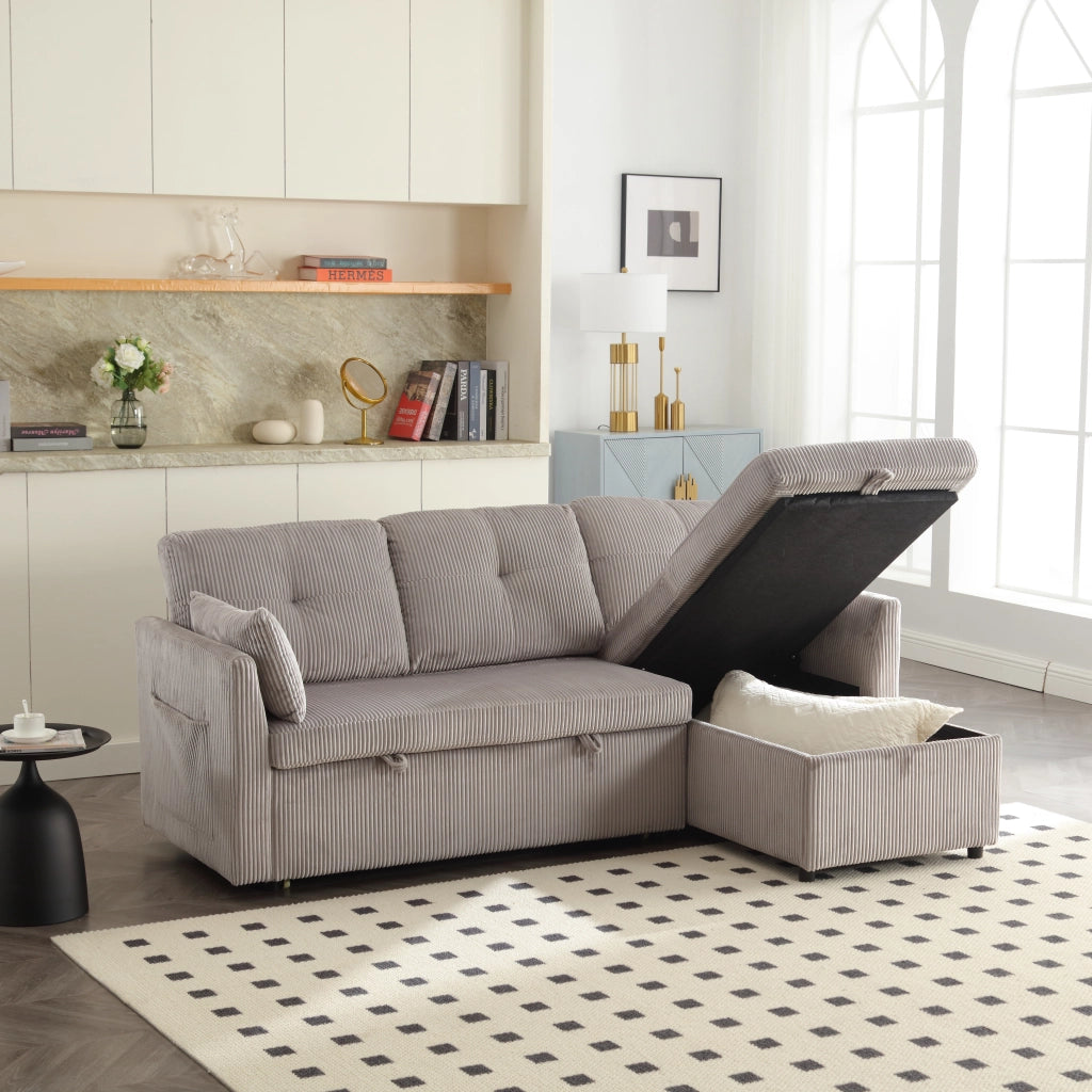 Divano Letto Angolare Reversibile con Contenitore, Corduroy, Grigio Chiaro