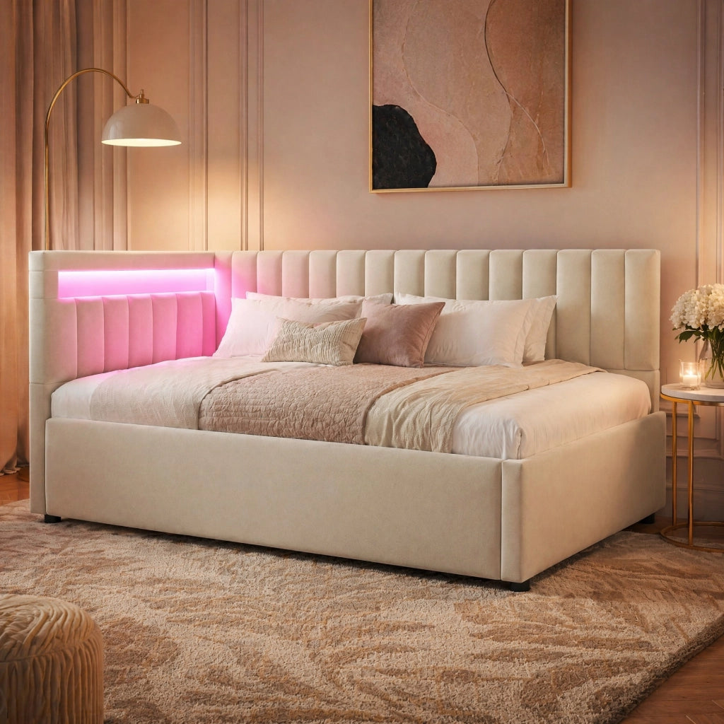 LETTO Contenitore 90x200 cm in velluto beige con LED