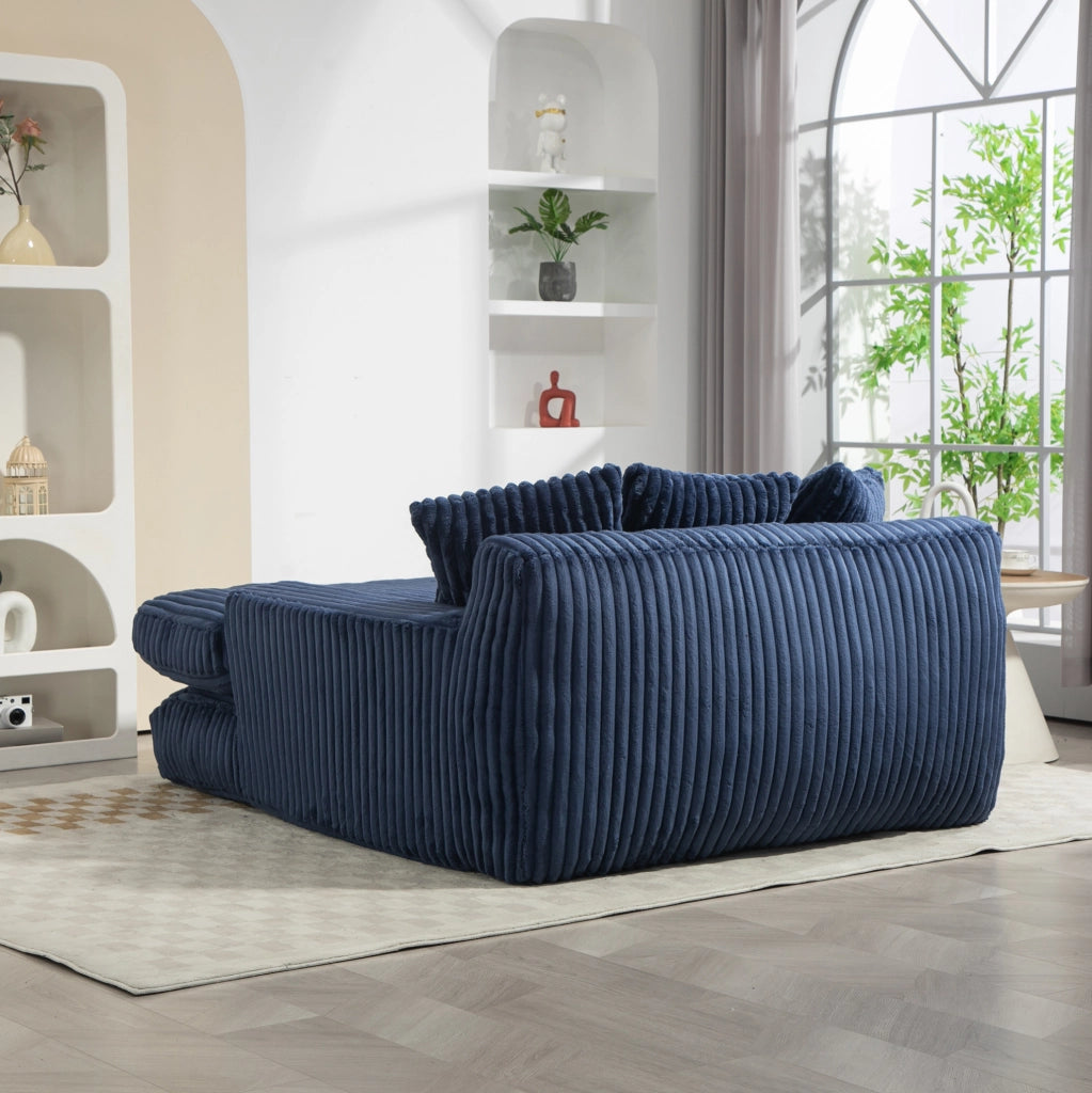 Chaiselongue da interno in corduroy blu navy con 3 cuscini; 125x155x63 cm