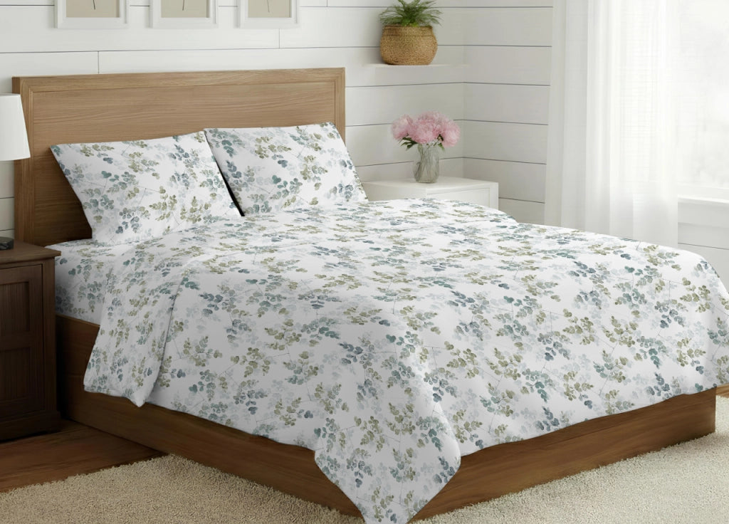 Sacco Copripiumino In 100% Cotone Made Italy Disegno Petalo - Singolo - Verde