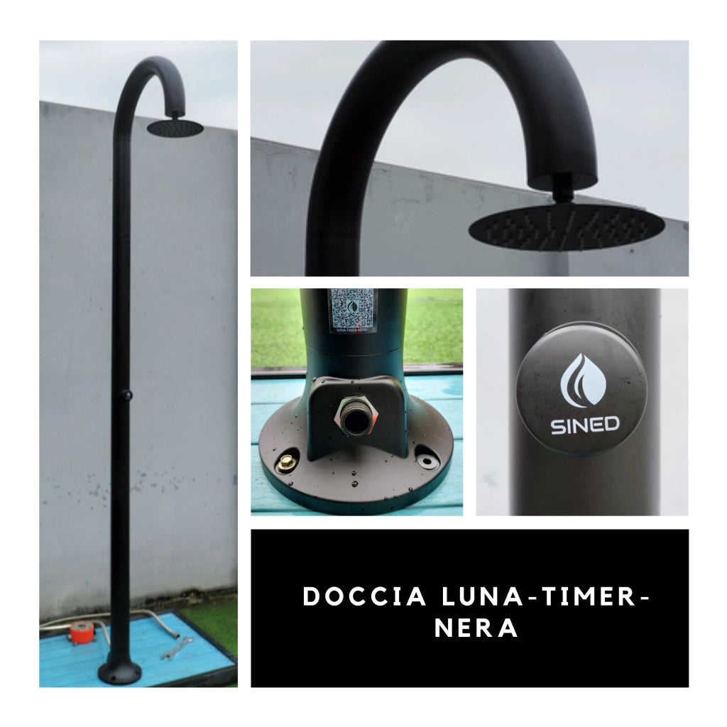 Sined Luna Timer Nera Doccia In Alluminio Doppio Attacco Acqua Fredda Laterale o Inferiore Doccia Acqua Fredda Temporizzata Con Soffione e Miscelatore Tondo Nero Grande Risparmio Acqua
