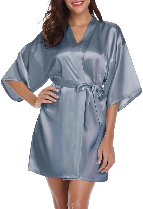Kimono da donna con cintura e collo V, corta, in seta, con cappuccio (XL, grigio blu)