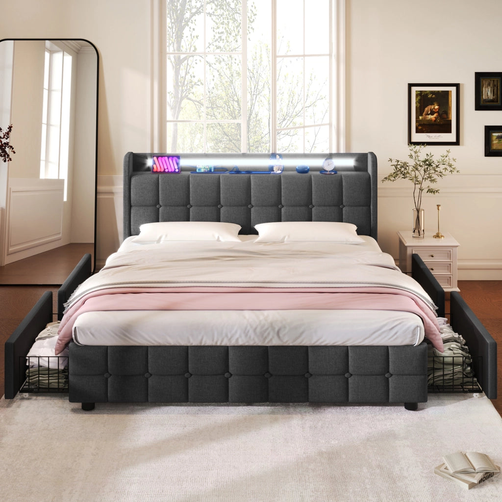 LETTO Contenitore 140x200 cm Grigio con 4 Cassetti, USB e LED
