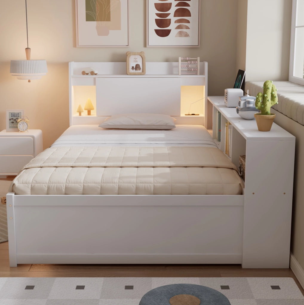 Letto singolo 90x200 cm con contenitore, 2 luci e presa di ricarica