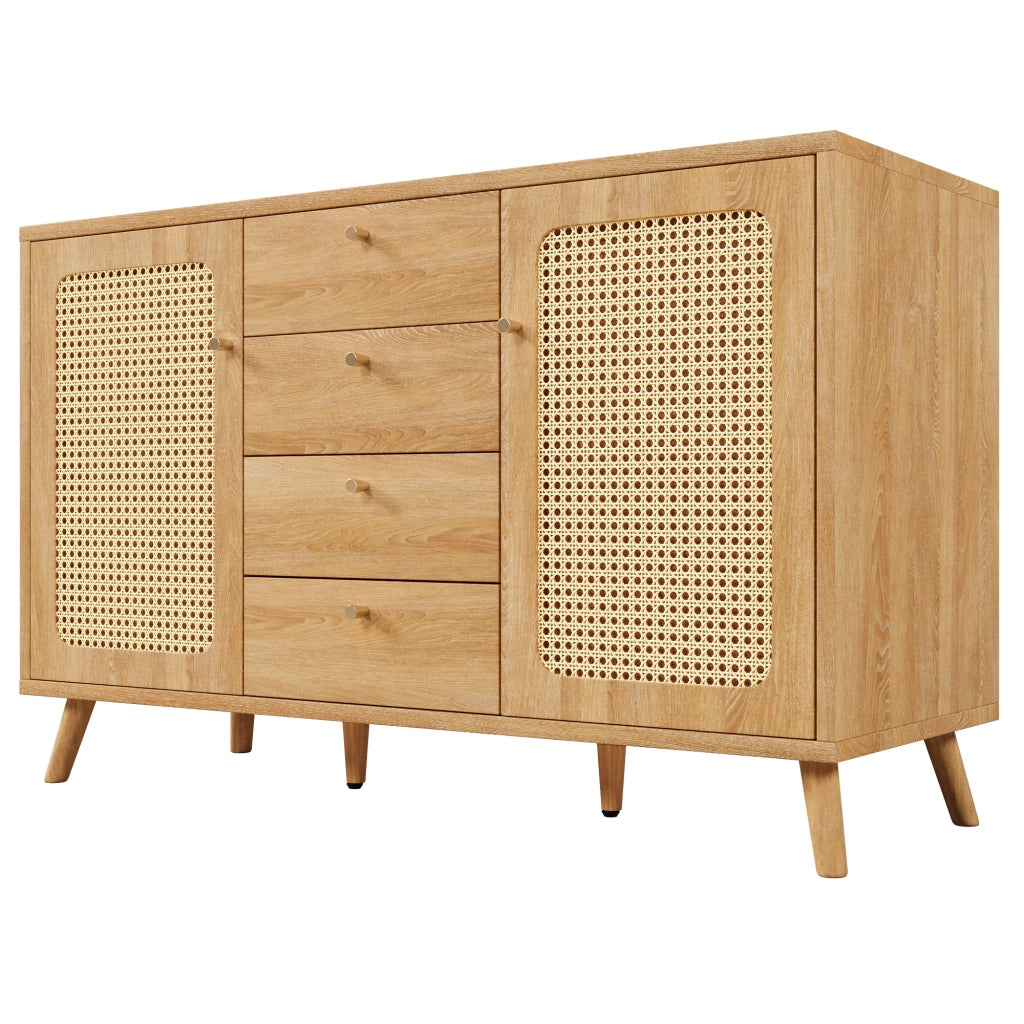 Credenza con 2 Ante e 4 Cassetti; Ripiani Regolabili; Stile Naturale; in Legno; 140??40??86 cm; Rovere Chiaro