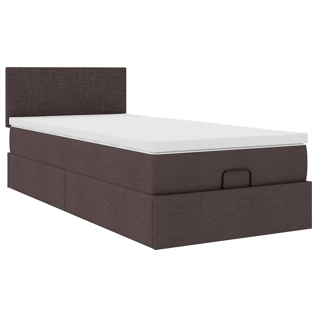 Pouf Letto con Materasso e LED Marrone Scuro 90x200 cm Tessuto