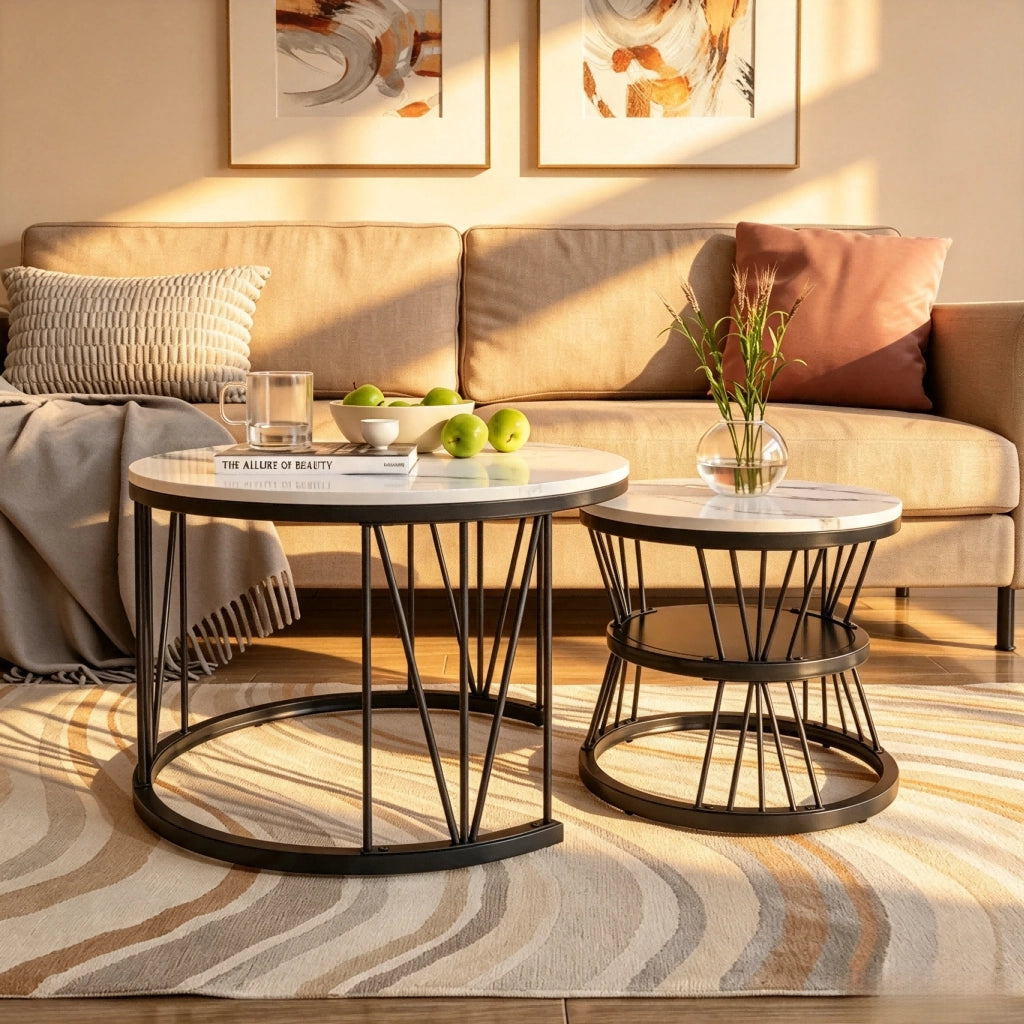 Tavolino da salotto rotondo 70x70x45 cm set 2 pezzi sovrapponibile  tavolino salotto moderno con struttura in metallo-nero