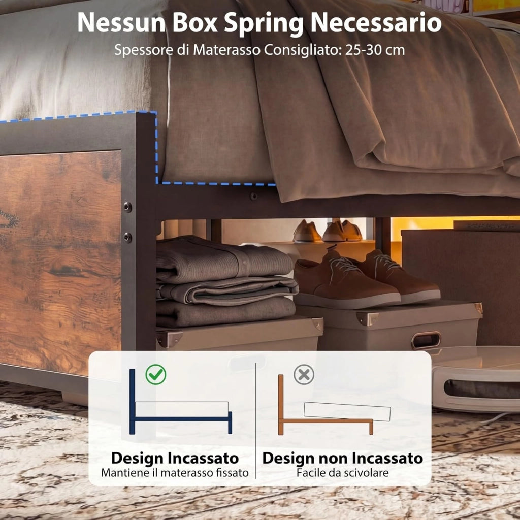 Struttura Letto con Testiera Contenitore, Letto a Piattaforma in Metallo con Stazione di Ricarica 3 Ripiani, Silenzioso, Carico Massimo 300kg (160 x 200 cm Stile 2)