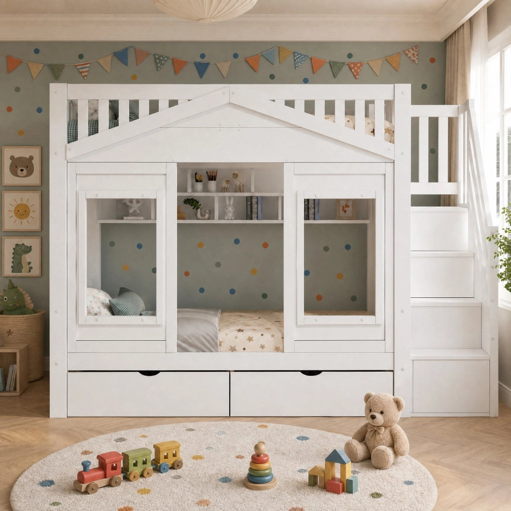 Letto a Casetta 90x200 cm; Letto Singolo - Scala contenitore; Cassetto; Ripiani - Bianco