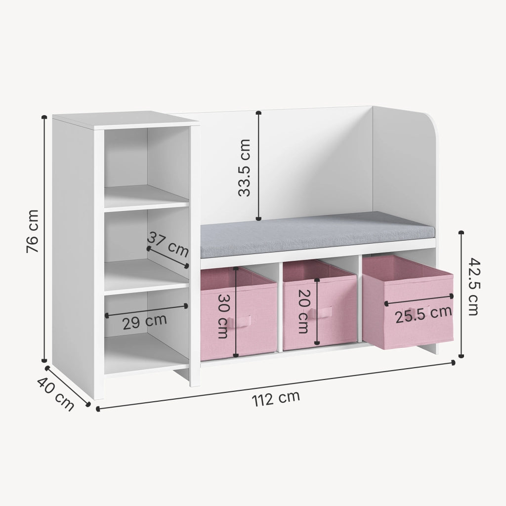 Scaffale per Cameretta Høylandet con Panca Scomparti e Scatole 76 x 112 x 40 cm - Bianco / Rosa [en.casa]