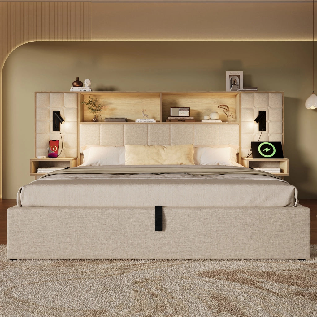 DESMIU Lit coffre 180 × 200 cm 2 posti con lampade da lettura, USB e Type-C, senza materasso, beige