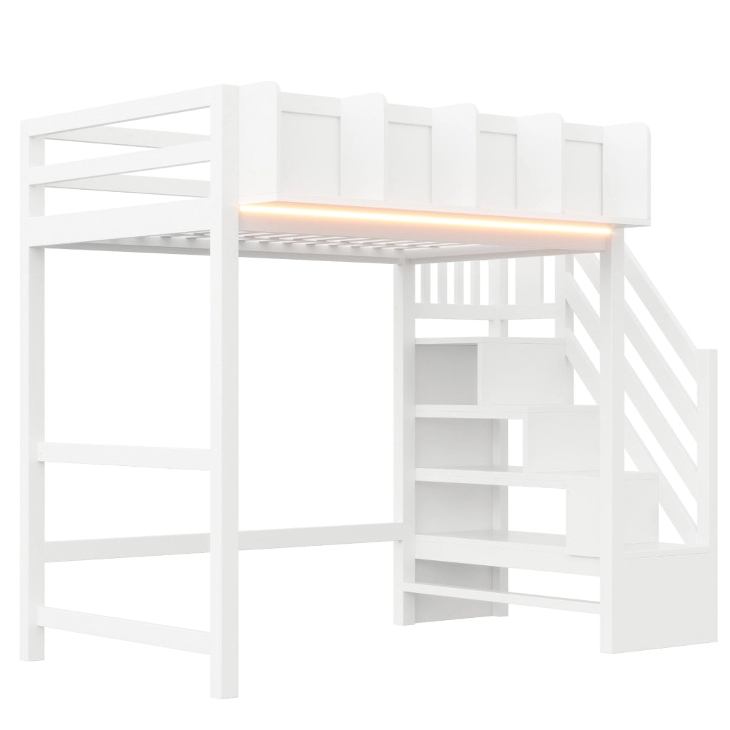 Letto a soppalco 90x200 cm con LED, scaffali laterali e scala contenitiva