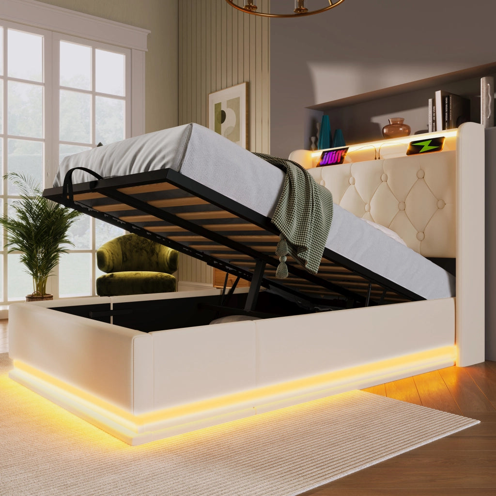 Letto singolo imbottito con LED a 360°; contenitore idraulico; testiera con porta USB/Tipo-C; PU bianco; 90x200 cm; materasso incluso