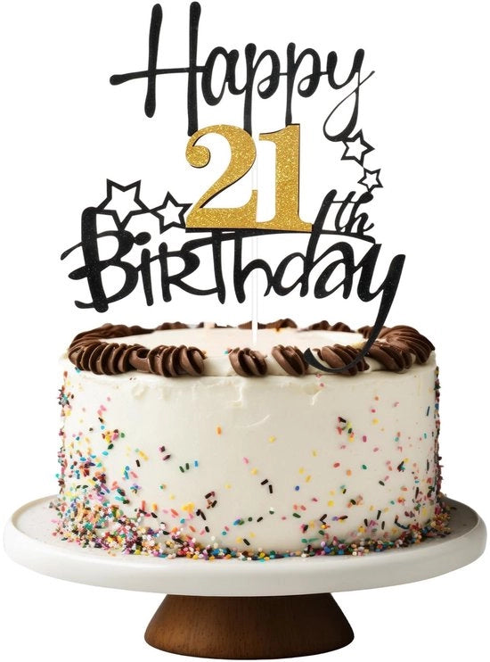 Decorazione per torta 21° compleanno - top per torta - stelle - oro/nero - glitter - dimensioni 17 x 16 cm