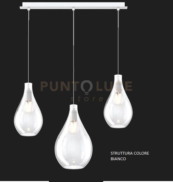 SOSPENSIONE BIANCO 3 LUCI RETTANGOLARE VETRI (1 MEDIO+2 PICCOLI) TUTTI TRASPARENTE 1193BI-S3 RPM-TR