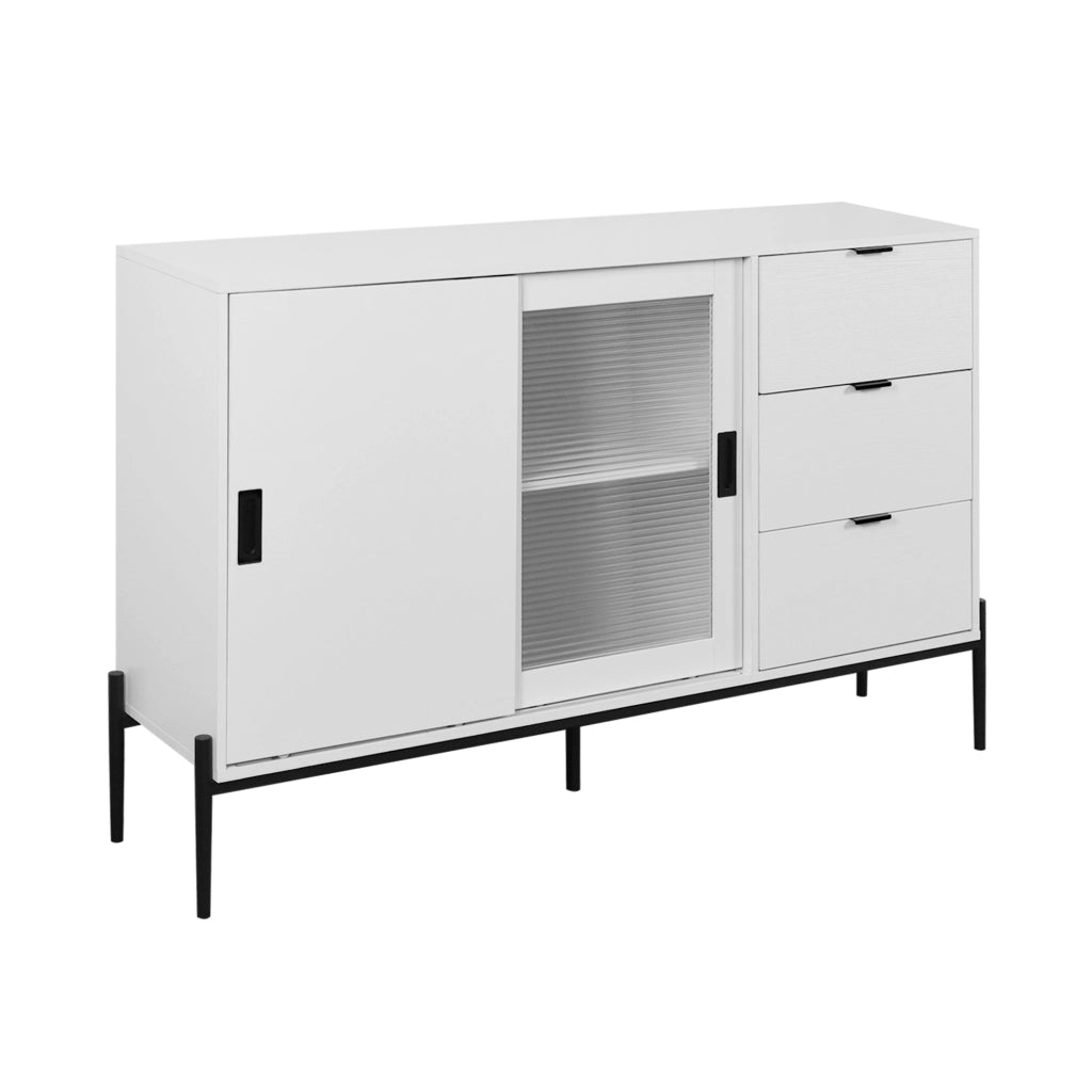 Credenza con 2 porte e 3 cassetti in vetro rigato; mobile contenitore per ingresso; in truciolare; bianco