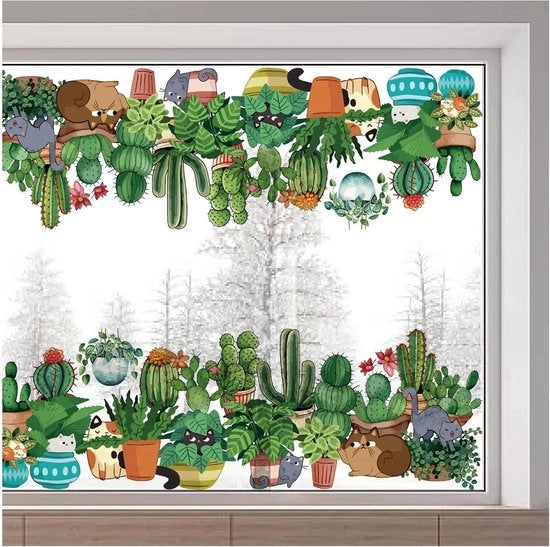 Sticker per finestra - Motivo cactus e gatto - Adesivo per vetro riciclabile con foglie verdi - Sticker per finestra da lampada.