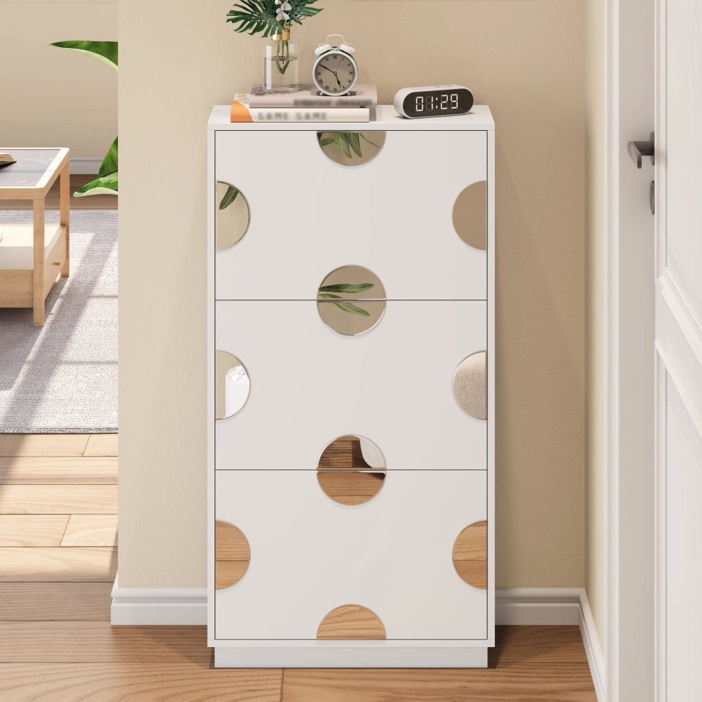 Scarpiera con 3 Ribalte e Specchio Rotondo per Ingresso in MDF 63×24×120 cm Bianca