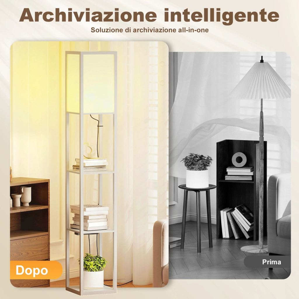 Lampada da Terra 26x26x160 cm Struttura con Ripiani Luce Regolabile Interruttore a Pedale e Porte USB in MDF Bianco