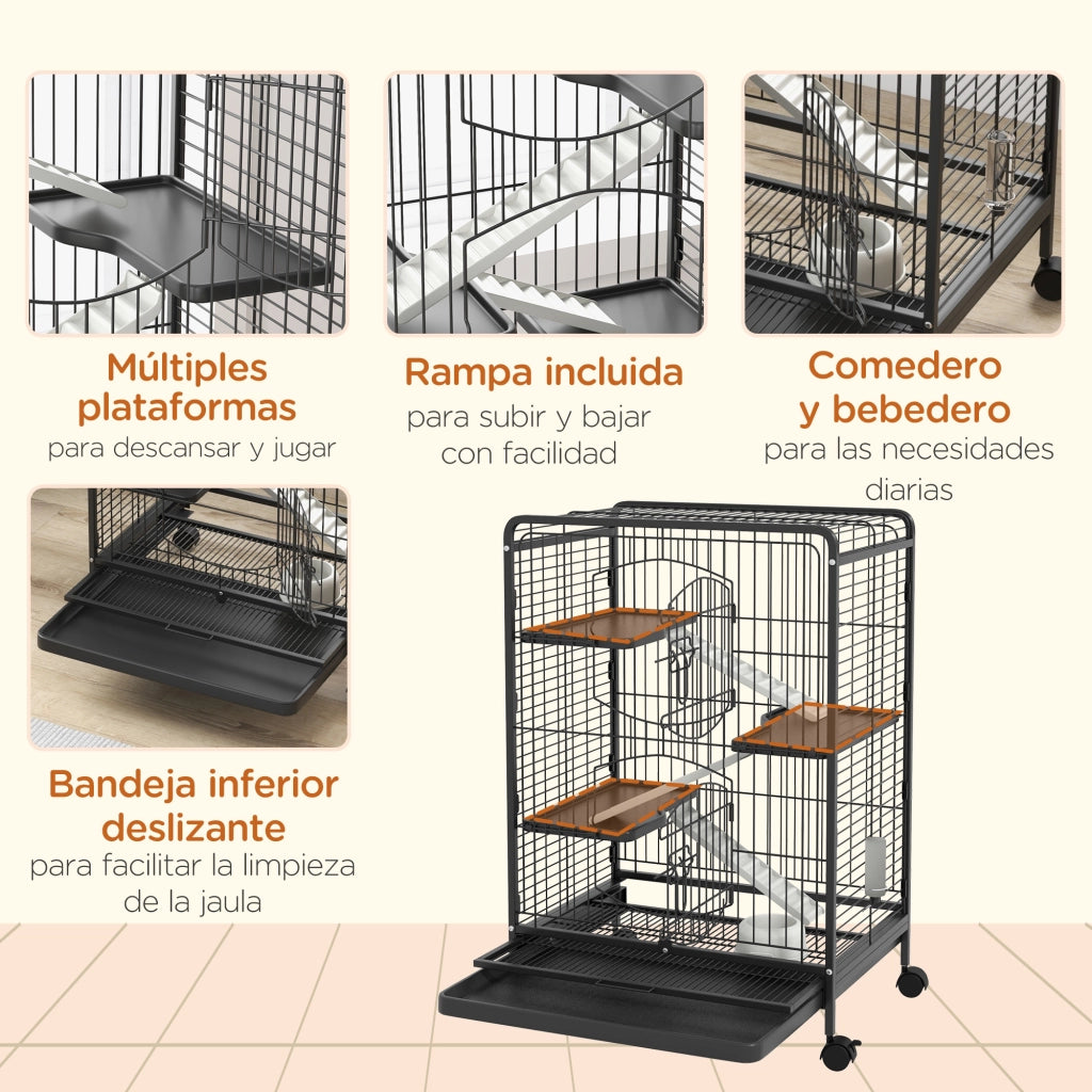 Gabbia per Roditori con Ruote e 3 Piattaforme ¨C Minimal ¨C 61.5x44x95 cm Nero
