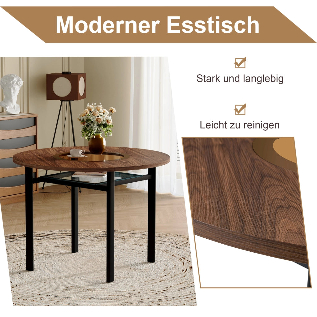 Tavolo rotondo dal design moderno e minimalista, con diametro di 100 cm e finitura effetto legno marrone, adatto per 2-4 persone (con piano in vetro g