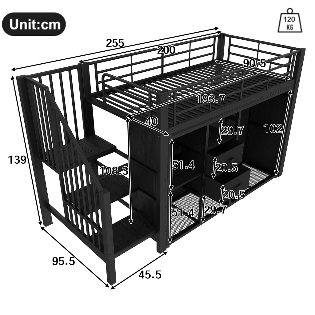 Letto a soppalco 90×200 cm con 2 cassetti; armadio aperto; LED; 3 vani portaoggetti; senza materasso; nero