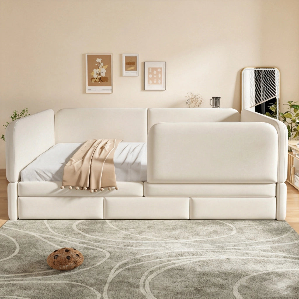 Letto imbottito per bambini 140x200 cm con bordo di sicurezza; angoli arrotondati e cassetto; velluto beige