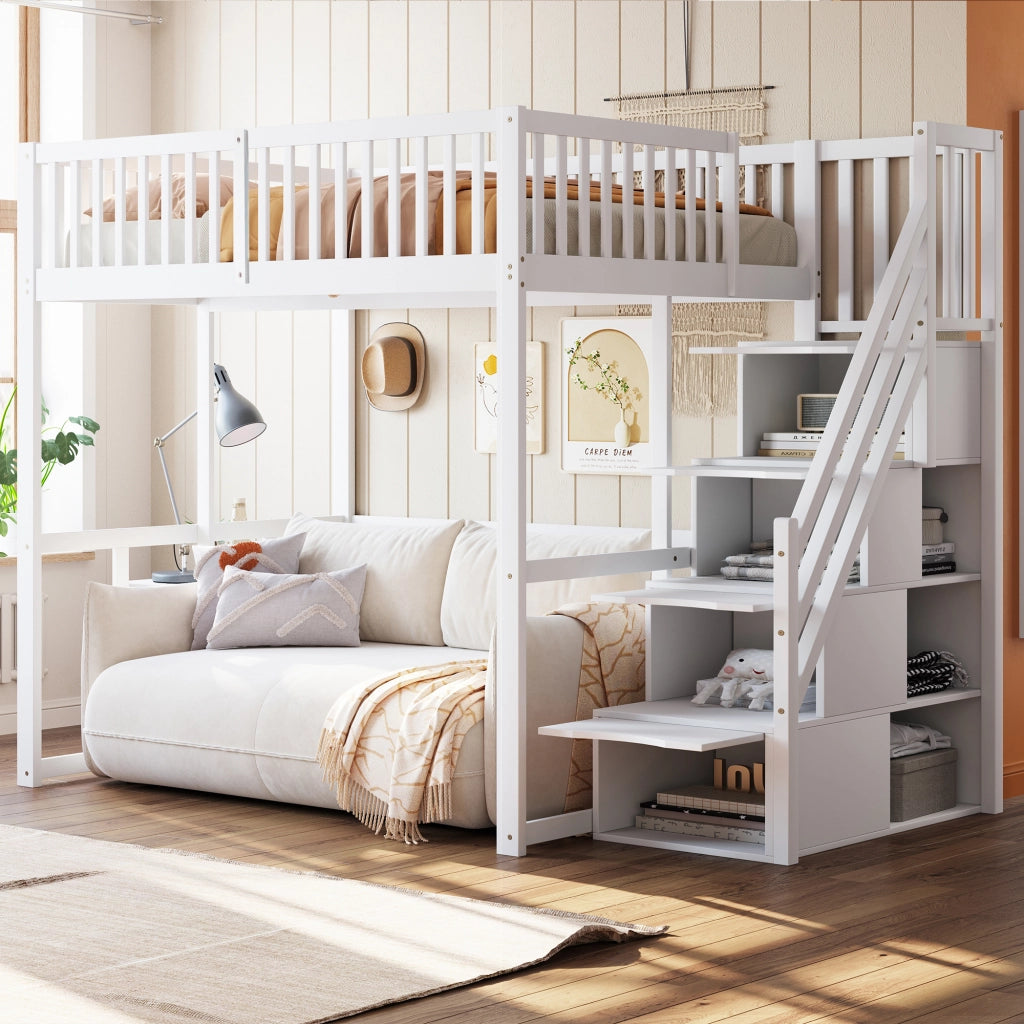 Letto a soppalco in pino massello con scala contenitore di sicurezza e recinzione; bianco; 140x200 cm; senza materasso