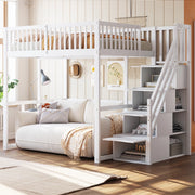 Letto a soppalco in pino massello con scala contenitore di sicurezza e recinzione; bianco; 140x200 cm; senza materasso