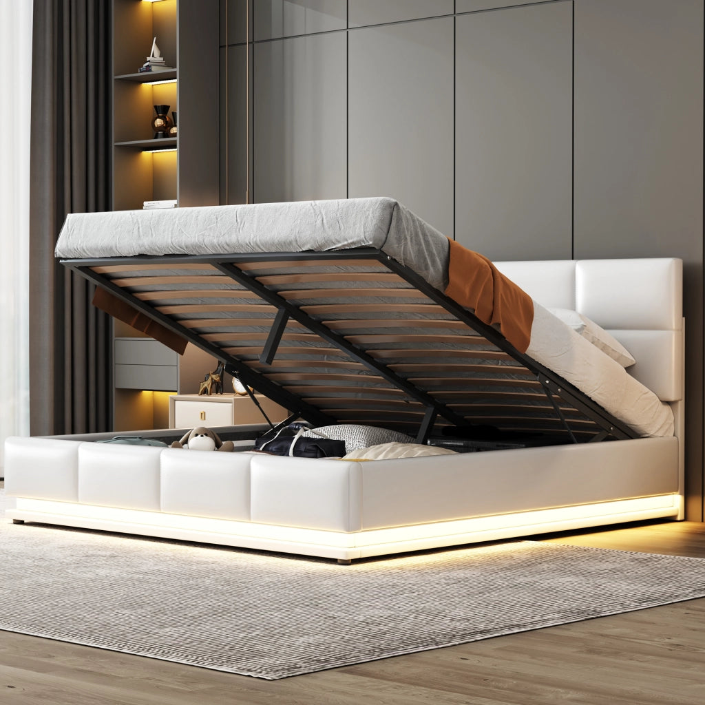 LETTO Imbottito 160x200 cm Bianco con LED e contenitore