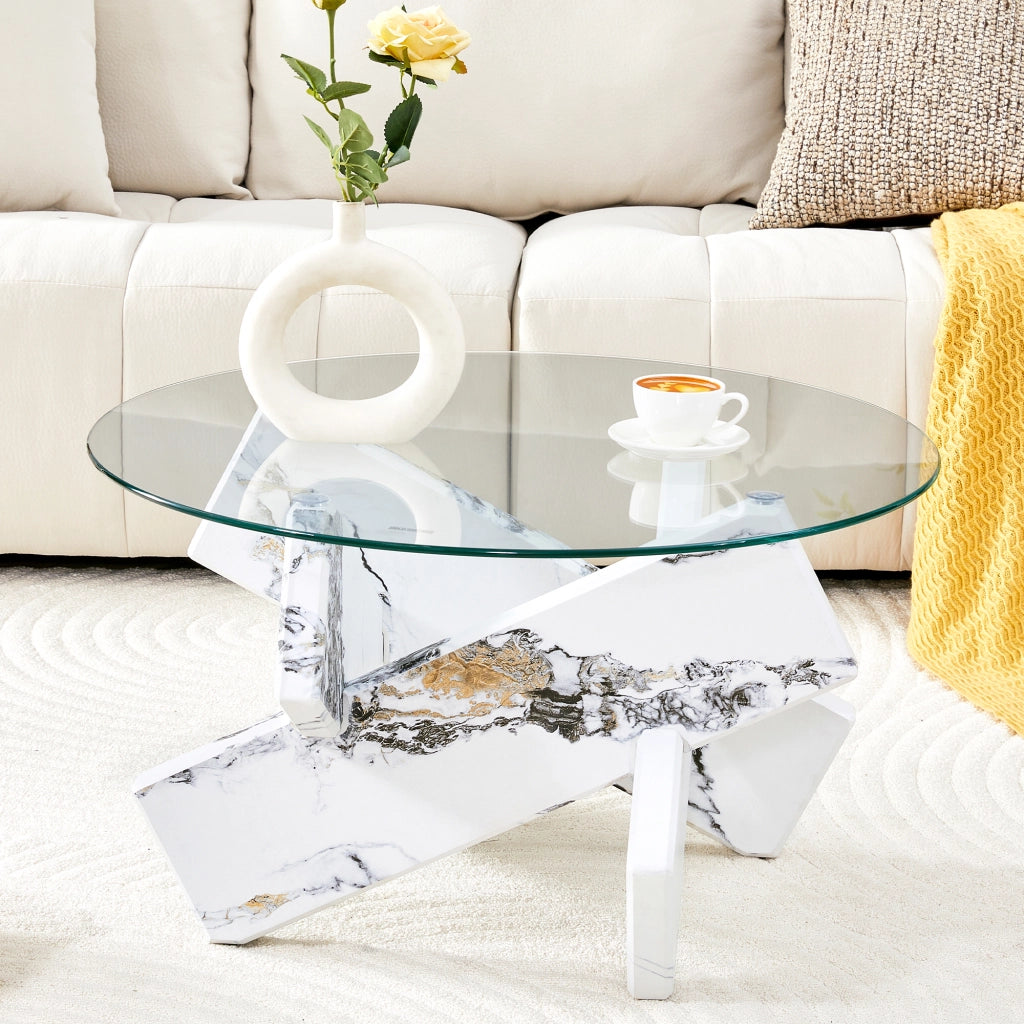 Tavolino rotondo in MDF e vetro multicolore opzionale: gambe di supporto con motivo effetto marmo bianco, semplici ed eleganti. Diametro 79 cm, piano